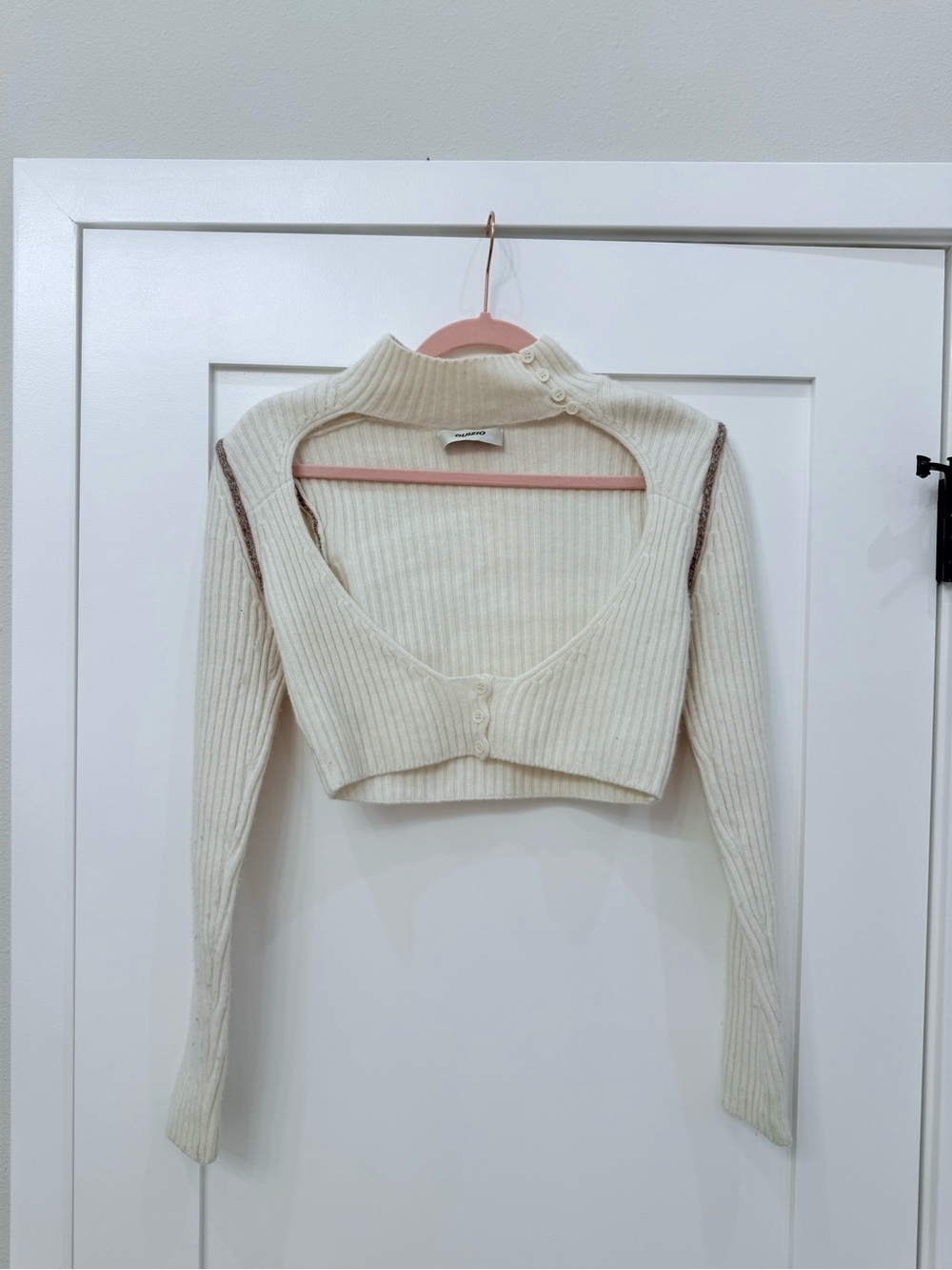 Danielle Guizio Rib Knit Geo Cut Out Cardigan Cropped Sweater Top in Cream